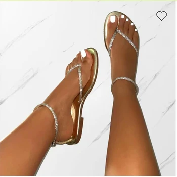 Дамски сандали 2023 Нови летни кожени секси леки гладиаторски сандали Дамска мода Плоски обувки Rhinestone Gold Sandalias Изображение