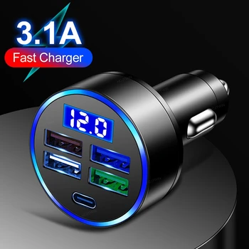  зарядно за кола USB адаптер 4-портов + Type-C Led зарядно за кола Запалка USB зарядно устройство 3.1A Бързо зареждане за кола Мини зарядно за кола Изображение