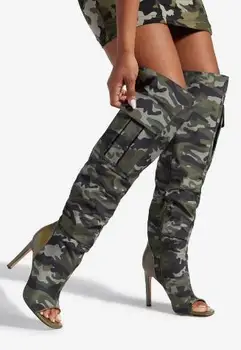 камуфлаж армия зелен цвят надникнем пръсти джоб коляното високи ботуши жени пачуърк шило тънки токчета дълга мода ботас обувки дама Изображение