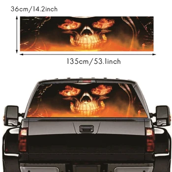 Пламък череп за камион джип SUV пикап 3D задно предно стъкло стикер стикер декор задно стъкло стъкло плакат 53.1 X 14.2 инча Изображение